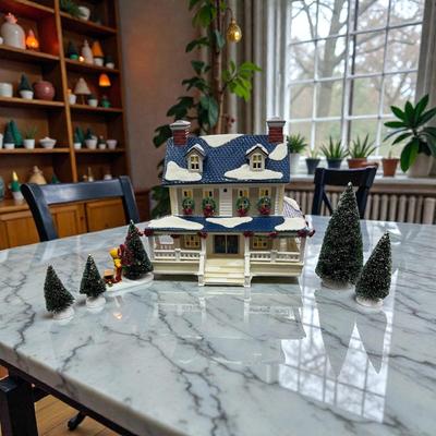 Sale Photo Thumbnail #383: Dept 56 Snow Village Snowy Pines Inn with Trees and Boy.  With Light and Cord