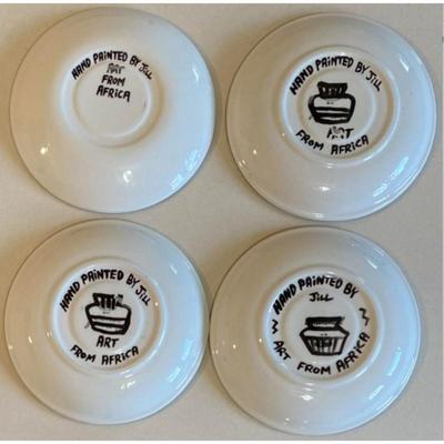 4 Teacups & Saucers Hand Painted By Jill Art From Africa Leopard, Giraffe, Zebra