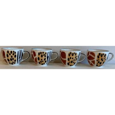 4 Teacups & Saucers Hand Painted By Jill Art From Africa Leopard, Giraffe, Zebra