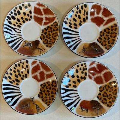 4 Teacups & Saucers Hand Painted By Jill Art From Africa Leopard, Giraffe, Zebra