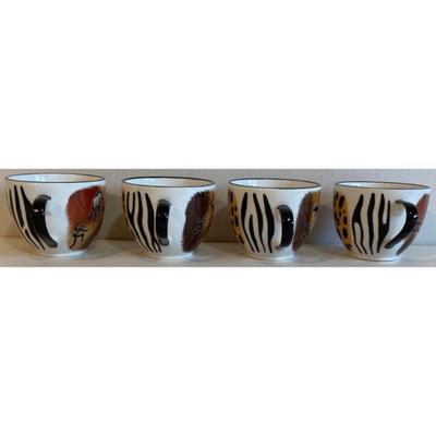 4 Teacups & Saucers Hand Painted By Jill Art From Africa Leopard, Giraffe, Zebra