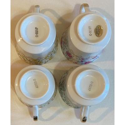 4 Vintage Ardco Floral Teacups & Saucers Japan Green / Orange / Yellow / Rose