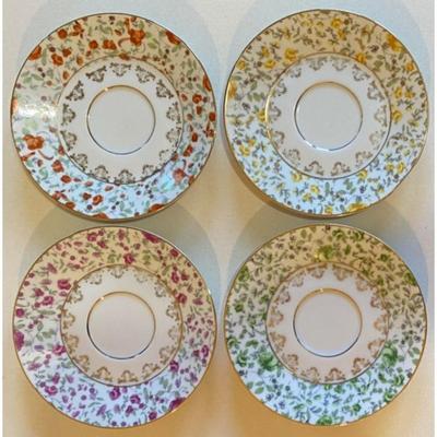 4 Vintage Ardco Floral Teacups & Saucers Japan Green / Orange / Yellow / Rose