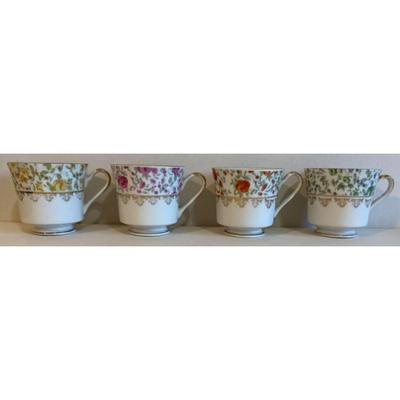 4 Vintage Ardco Floral Teacups & Saucers Japan Green / Orange / Yellow / Rose