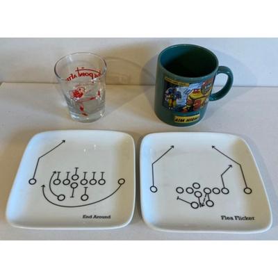 Football Dishware: End Around & Flea Flicker Plates / Whiskey Glass / Coffee Mug