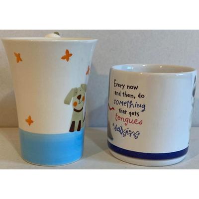 Indra Hand Painted Fine Stoneware Made In Thailand & American Greetings Dog Mugs