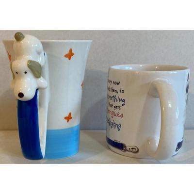 Indra Hand Painted Fine Stoneware Made In Thailand & American Greetings Dog Mugs