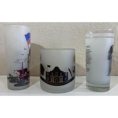 Texas Under The U.S.A. Flag Anson Jones & Alamo - San Antonio Frosted Glasses