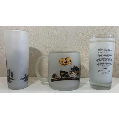 Texas Under The U.S.A. Flag Anson Jones & Alamo - San Antonio Frosted Glasses