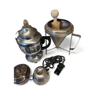 Sale Photo Thumbnail #405: Vintage Kitchenware items, coffee pot, ricer, more little pots