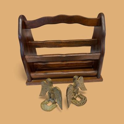 Sale Photo Thumbnail #410: Magazine Rack and Brass Eagle Bookends
