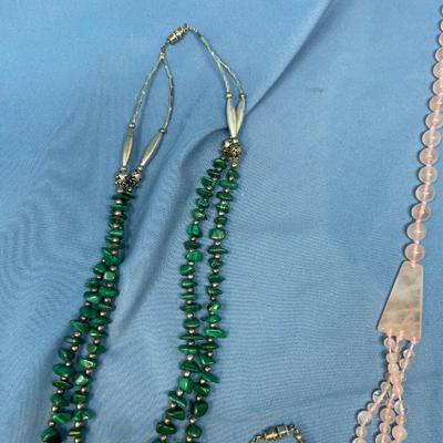Sale Photo Thumbnail #218: Malachite necklace & bracelet.  Not silver.  Rose quartz, & turquoise, not silver.