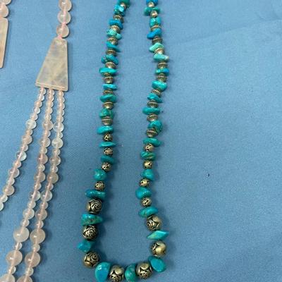 Sale Photo Thumbnail #216: Malachite necklace & bracelet.  Not silver.  Rose quartz, & turquoise, not silver.