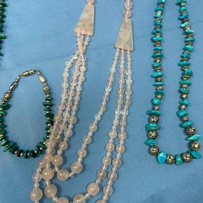 Sale Photo Thumbnail #217: Malachite necklace & bracelet.  Not silver.  Rose quartz, & turquoise, not silver.