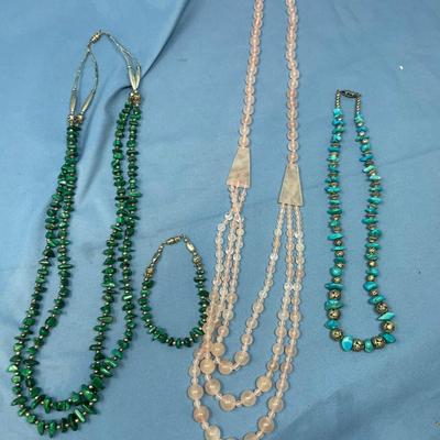 Sale Photo Thumbnail #215: Malachite necklace & bracelet.  Not silver.  Rose quartz, & turquoise, not silver.