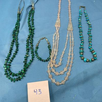 Sale Photo Thumbnail #214: Malachite necklace & bracelet.  Not silver.  Rose quartz, & turquoise, not silver.