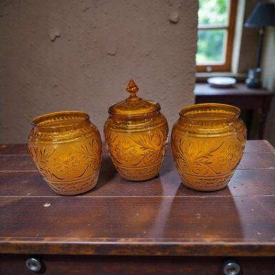 Sale Photo Thumbnail #428: Anchor Hocking Sandwich Pattern Glass Cookie Jars, One with Lid, 2 without lids