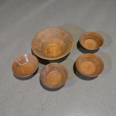 Sale Photo Thumbnail #445: Vintage Wooden Salad Bowl and 4 Single Serve Bowls.  Small split in large bowl see photo