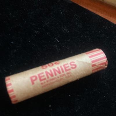 Unopened Original Roll of 50 Lincoln Wheat Cents (Pennies) – Visible 1950s & Earlier End Coins – Classic Vintage Sealed Bank Wrapper...