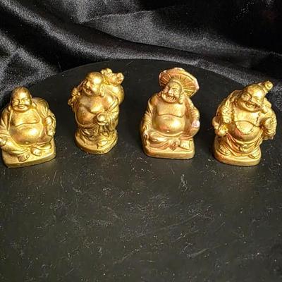 Vintage Miniature Laughing Buddha Figurine Set of 4 - Gold Resin Prosperity Collection