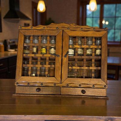 Sale Photo Thumbnail #459: Vintage Wooden Wall Spice Rack with Two Small Drawers and Jars