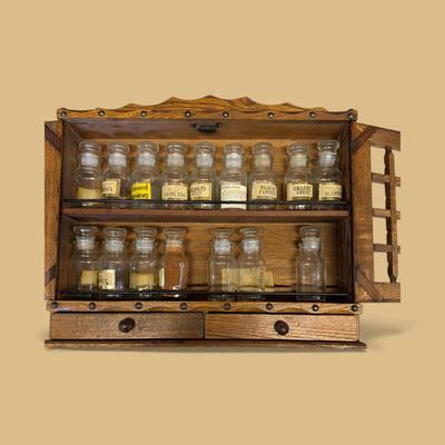 Sale Photo Thumbnail #458: Vintage Wooden Wall Spice Rack with Two Small Drawers and Jars