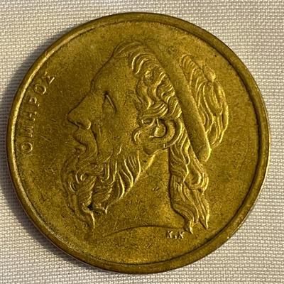 1988 GREEK 50 DRACHMA COIN. 1954 VINTAGE MEXICAN 20 CENTAVOS COIN