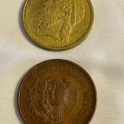 1988 GREEK 50 DRACHMA COIN. 1954 VINTAGE MEXICAN 20 CENTAVOS COIN
