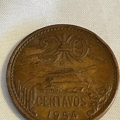 1988 GREEK 50 DRACHMA COIN. 1954 VINTAGE MEXICAN 20 CENTAVOS COIN