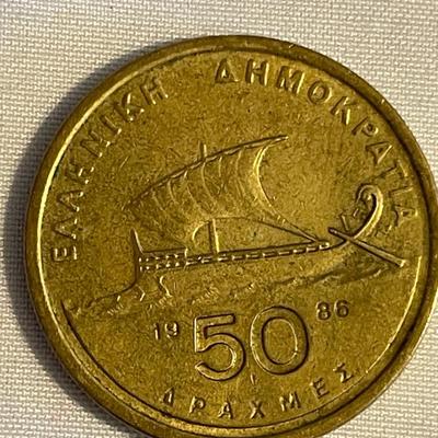 1988 GREEK 50 DRACHMA COIN. 1954 VINTAGE MEXICAN 20 CENTAVOS COIN