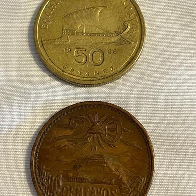 1988 GREEK 50 DRACHMA COIN. 1954 VINTAGE MEXICAN 20 CENTAVOS COIN