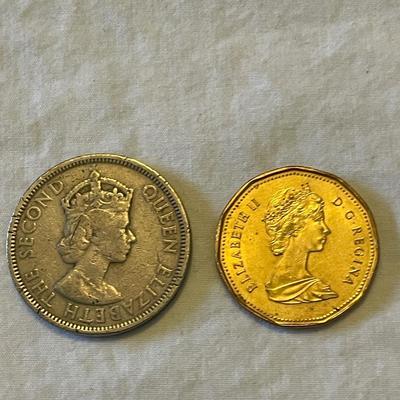 1955 EASTERN CARIBBEAN STATES 50 CENT COIN. 1988 CANADIAN “LOONIE” ONE DOLLAR COIN