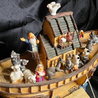 Vintage Noah's Ark Resin Figurine Set - Noah, Wife, Animals Aboard Wooden Boat with Ramp