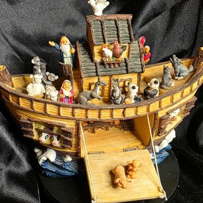 Vintage Noah's Ark Resin Figurine Set - Noah, Wife, Animals Aboard Wooden Boat with Ramp