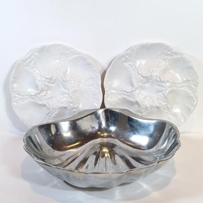 LOT 26: Bordallo Pinheiro Cabbage Bowl and Serving Plate, Matceramica Casserole Dish, Metal Scallop Plate & More