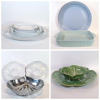 LOT 26: Bordallo Pinheiro Cabbage Bowl and Serving Plate, Matceramica Casserole Dish, Metal Scallop Plate & More