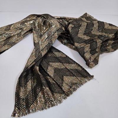 LOT 28: Metallic Gold Colored Handbag, Purple Sequined Scarf, Animal Print Scarf, and More Fashionable Scarves