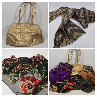 LOT 28: Metallic Gold Colored Handbag, Purple Sequined Scarf, Animal Print Scarf, and More Fashionable Scarves
