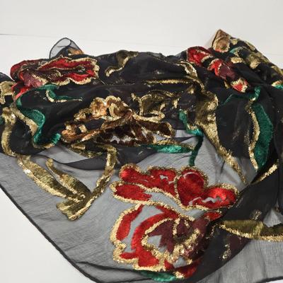 LOT 28: Metallic Gold Colored Handbag, Purple Sequined Scarf, Animal Print Scarf, and More Fashionable Scarves