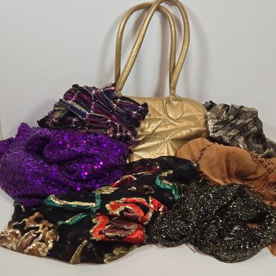 LOT 28: Metallic Gold Colored Handbag, Purple Sequined Scarf, Animal Print Scarf, and More Fashionable Scarves