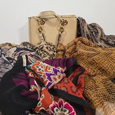 LOT 29: Beige Handbag, Christian Dior Scarf, Animal Print Scarves. and More