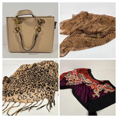 LOT 29: Beige Handbag, Christian Dior Scarf, Animal Print Scarves. and More