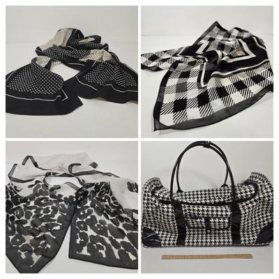 LOT 30: Houndstooth Canvas Rolling Duffle Bag, Two Jones New York Scarves, and More Black and White Scarves