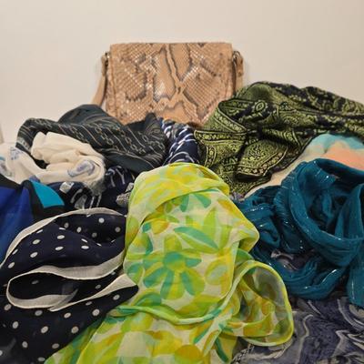 LOT 31: Fanny Bag Florence Italy, Pierre Cardin Paris Scarf, Colorful Yellow and Green Scarf, Real Estate Agent Scarf, and More