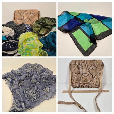 LOT 31: Fanny Bag Florence Italy, Pierre Cardin Paris Scarf, Colorful Yellow and Green Scarf, Real Estate Agent Scarf, and More