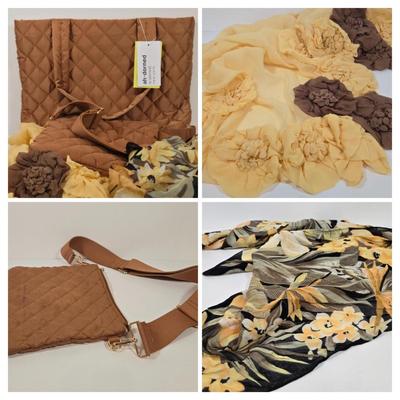 LOT 35: New with Tags Ah-Dorned New York Tote and Crossbody Bag, and Two Matching Scarves