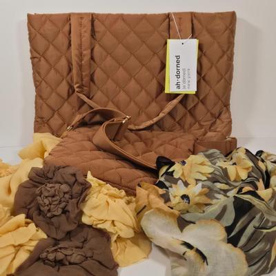 LOT 35: New with Tags Ah-Dorned New York Tote and Crossbody Bag, and Two Matching Scarves
