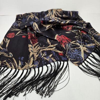 LOT 36: Two Evening Bags, Black Sequined Scarf with Fringe, and Two More Fashionable Scarves