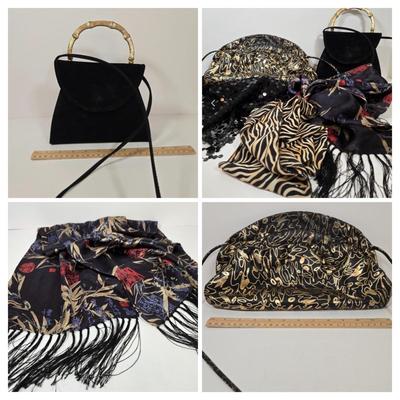 LOT 36: Two Evening Bags, Black Sequined Scarf with Fringe, and Two More Fashionable Scarves