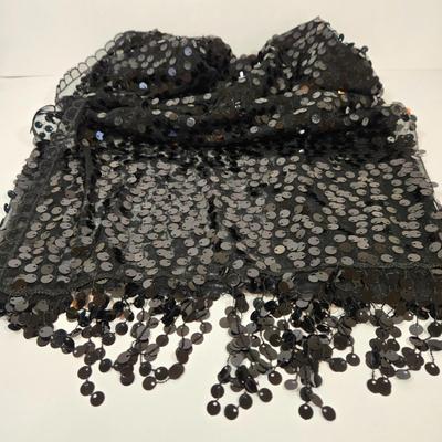 LOT 36: Two Evening Bags, Black Sequined Scarf with Fringe, and Two More Fashionable Scarves